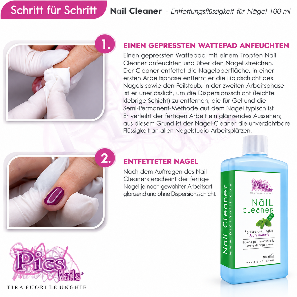 GlowCleanNails Nagel-Cleaner Minze 100 ml Flasche mit Anwendungshinweisen zur Entfernung der Schwitzschicht