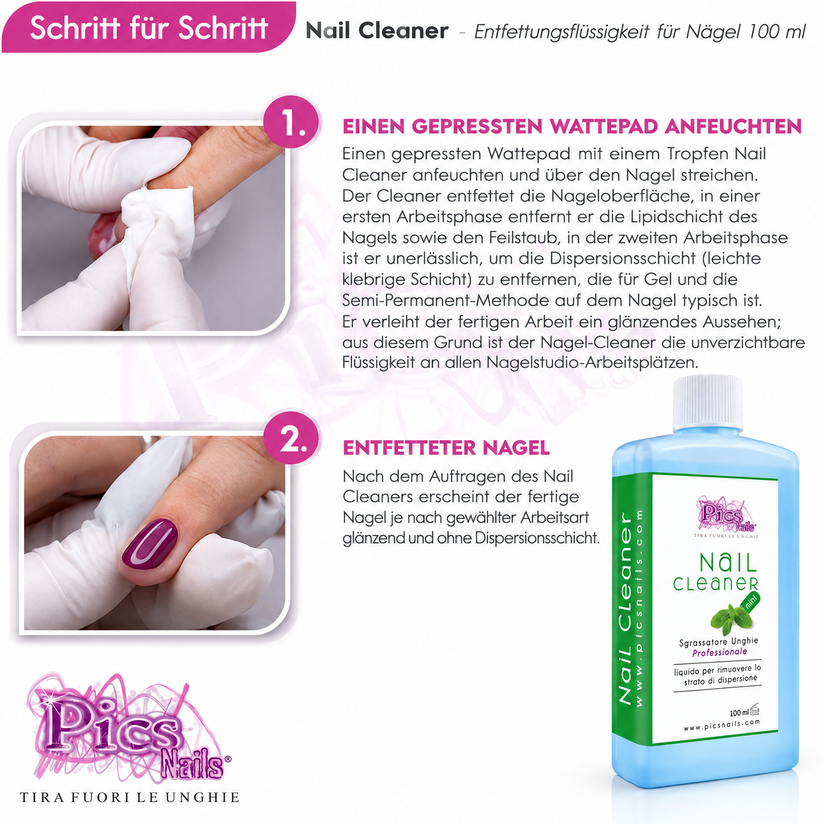 GlowCleanNails Nagel-Cleaner Minze 100 ml Flasche mit Anwendungshinweisen zur Entfernung der Schwitzschicht