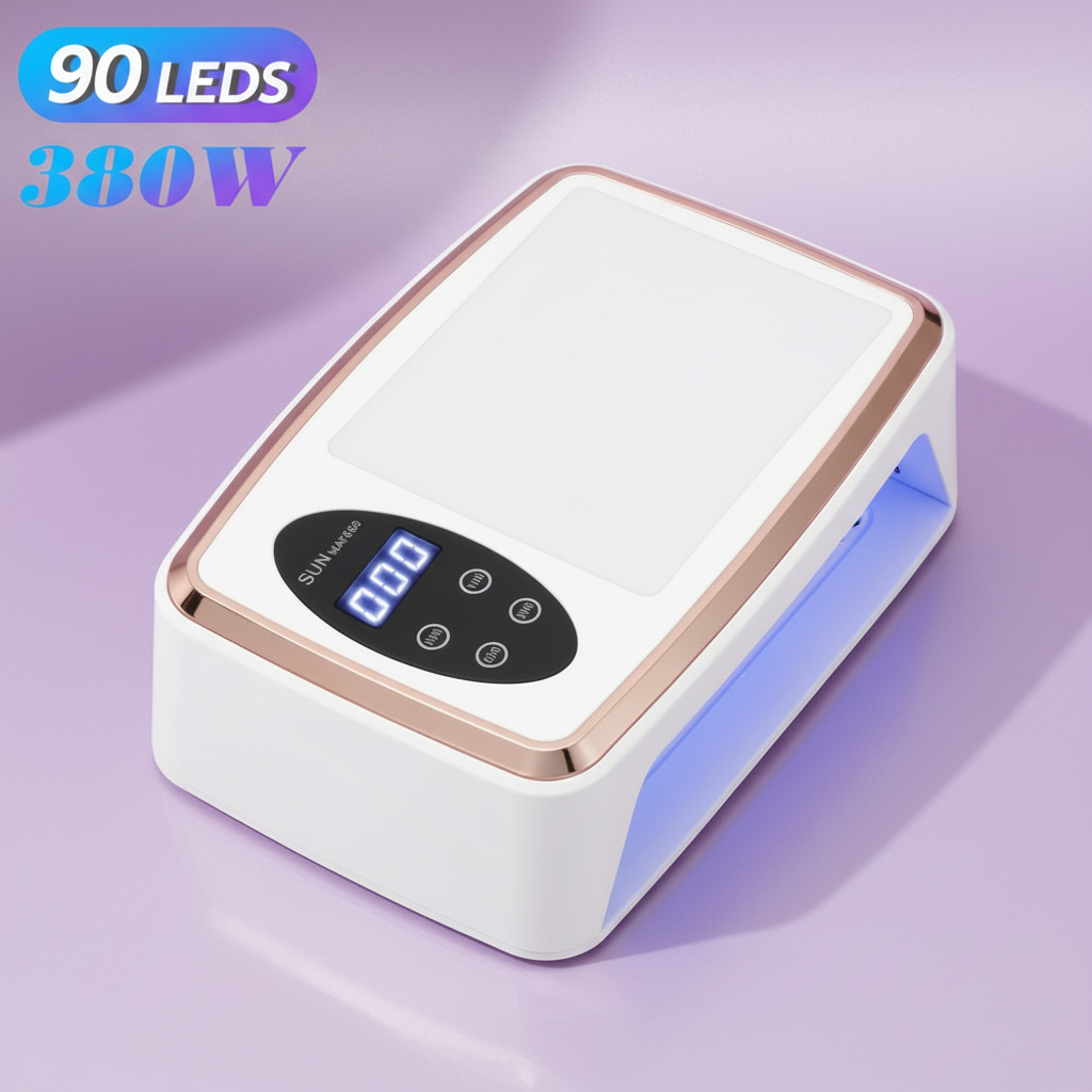 GlowCleanNails UV/LED-Nagellampe in Weiß mit Roségold-Akzenten, LCD-Display und 380W Leistung auf lila Untergrund