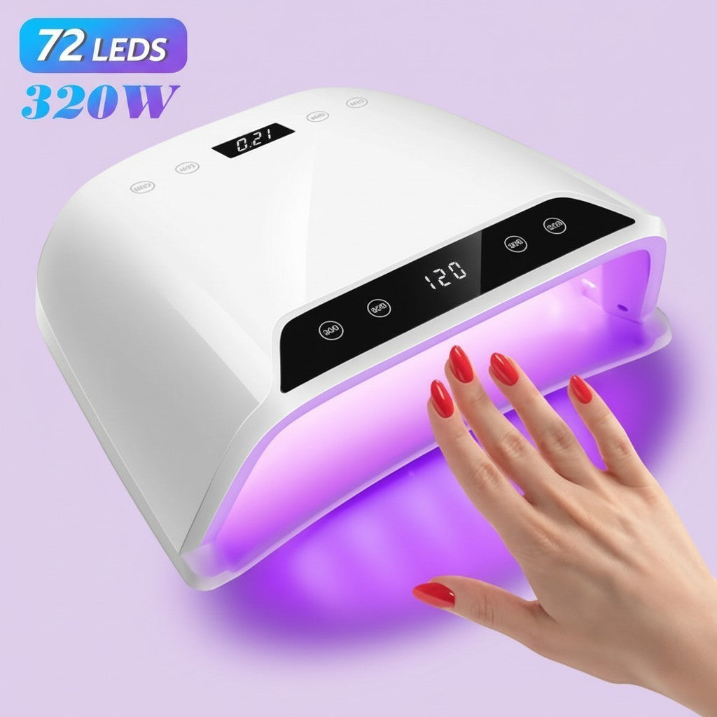 GlowCleanNails UV LED Nagellampe mit 320W und 72 LEDs, LCD-Display und Hand im Gerät zur Gel-Aushärtung