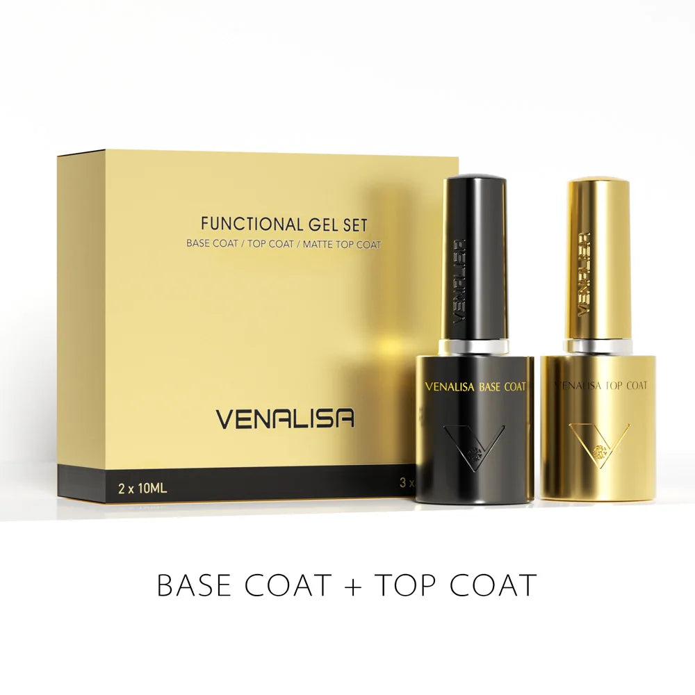 GlowCleanNails VENALISA Base- und Top-Coat-Set in goldener Verpackung mit zwei 10 ml Gel-Nagellackflaschen