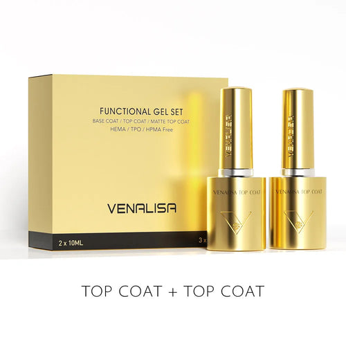 GlowCleanNails VENALISA Gel-Nagellack Set mit zwei goldenen Flaschen und passender Verpackung für UV-Maniküre