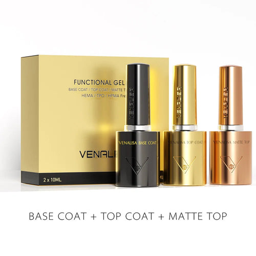 GlowCleanNails VENALISA Gel-Nagellack Set mit Base Coat, Top Coat und Matte Top Coat in 10 ml Flaschen mit Goldbox