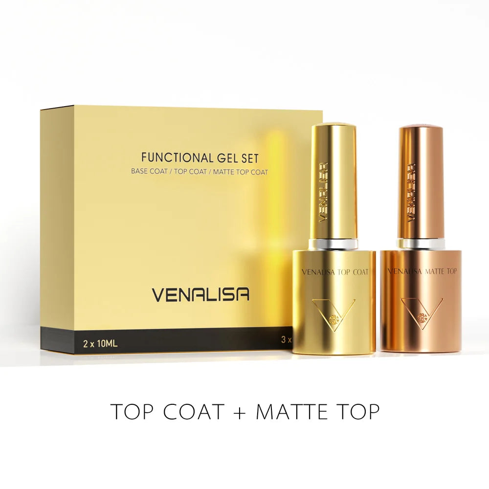 GlowCleanNails VENALISA Gel-Nagellack-Set mit Top Coat und Matte Top Coat in goldfarbenen 10 ml Flaschen