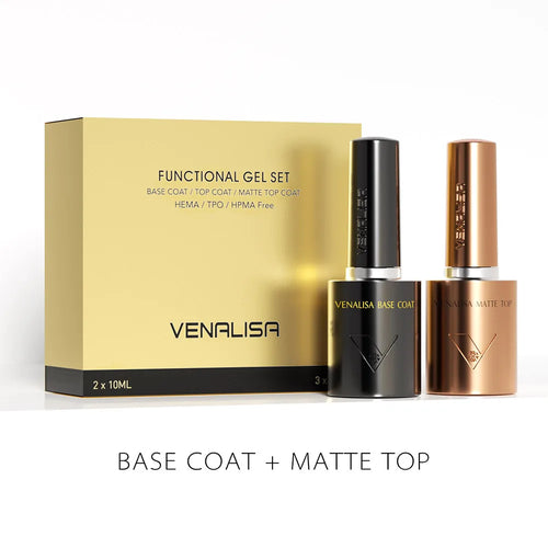 GlowCleanNails VENALISA Base- und Matte-Top-Coat-Set in 10-ml-Flaschen mit goldener Produktverpackung