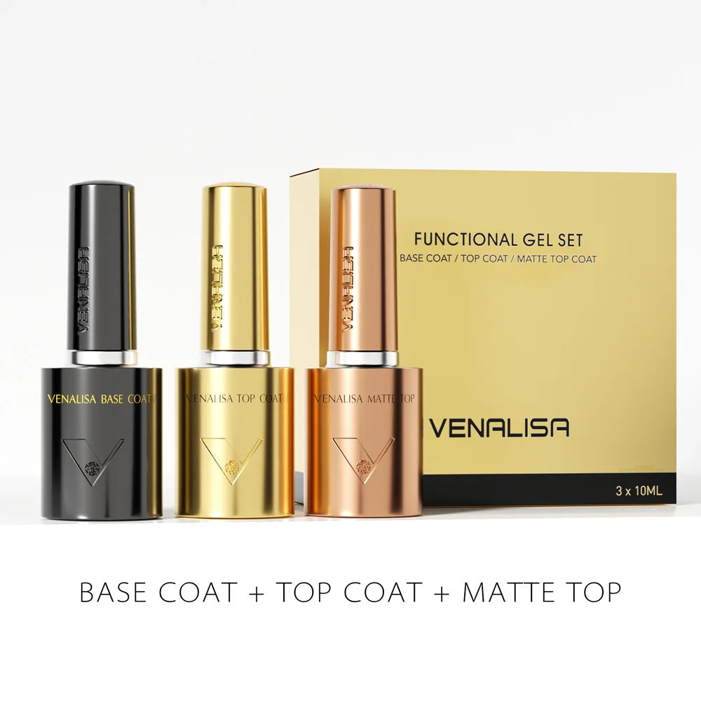 GlowCleanNails VENALISA Gel-Set mit Base Coat, Top Coat und Matte Top Coat in 10 ml Flaschen für UV-Maniküre