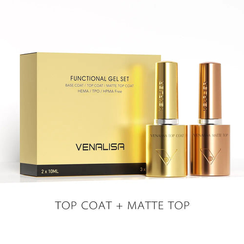 GlowCleanNails VENALISA Gel-Set mit Top Coat und Matte Top Coat in goldfarbenen 10 ml Flaschen mit Produktverpackung