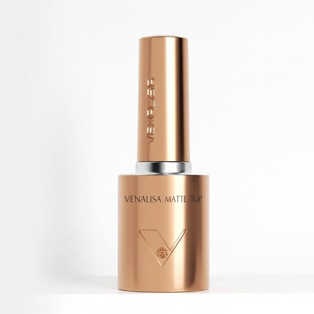 GlowCleanNails VENALISA Matte Top Coat Gel in einer eleganten, metallisch-goldenen 10 ml Flasche für UV-Maniküre.