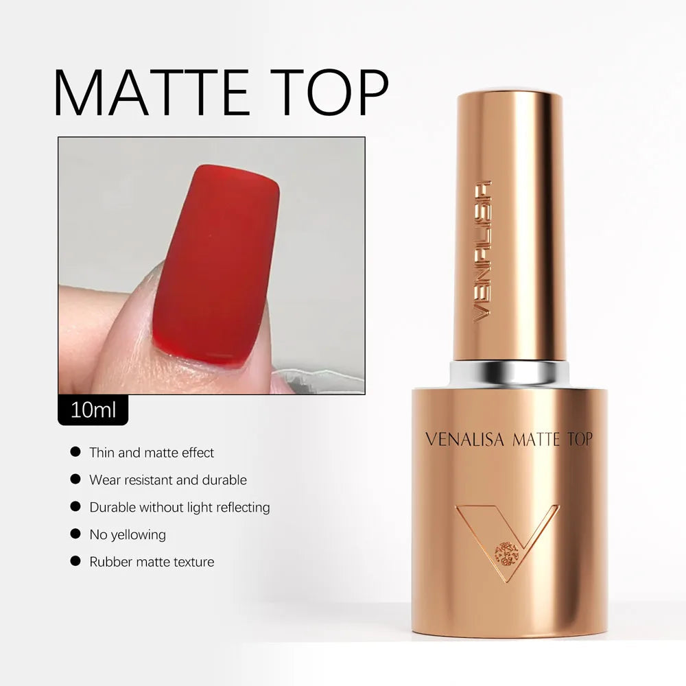 GlowCleanNails VENALISA Matte Top Coat Flasche mit 10 ml Inhalt und Beispiel für ein mattes rotes Nageldesign