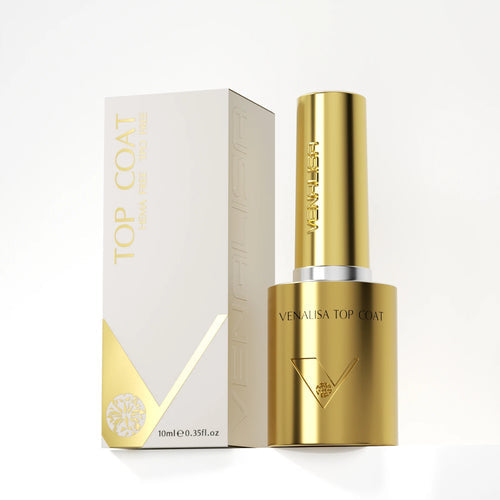 GlowCleanNails VENALISA Top Coat in goldener Flasche mit passender Verpackung für UV-Gel-Maniküre